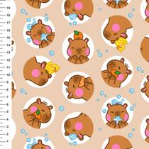 Tecido Tricoline Capivara Patinho Bola Liso Fundo Bege - Meia Tigela