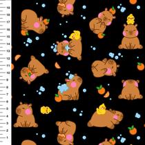 Tecido Tricoline Capivara Patinho Fundo Lisa Preto - Meia Tigela