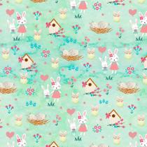 Tecido Tricoline Coelhinhas e Floral (Coelhos Páscoa) Páscoa colorida - Peripan - 50 x 150 cm - Ideal para Artesanato e Patchwork