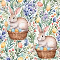 Tecido Tricoline Coelho no Cesto (Coelhinho da Páscoa) - Peripan - 50 x 150 cm - Ideal para Artesanato e Patchwork