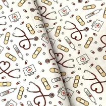 Tecido tricoline coleção medicina curativo bege fundo branco 0,50x1,50 mts