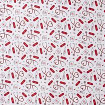 Tecido tricoline coleção medicina instrumento vermelho fundo branco 0,50x1,50 mts