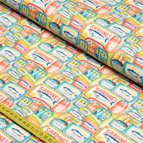 Tecido Tricoline Coleção Sardinhas : Latas de Sardinhas Sobrepostas (0,50x1,50)