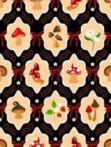 Tecido Tricoline Compose Cogumelo Fundo Preto - Meia Tigela