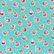 Tecido Tricoline Cupcake Fundo Tiffany -1,50m de Largura