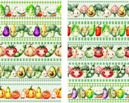 Tecido Tricoline Digital 100% algodão - Barrados 55x75 cm cada - Vegetais Kawaii