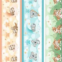 Tecido Tricoline Digital Barrado Bichos Ternura - Estampa Infantil - Peripan - 50 x 150 cm