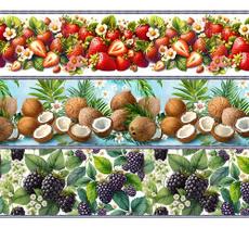 Tecido Tricoline Digital Barrado Estampa de Frutas Tropicais 55x150 cm, 10 faixas de 15cm, 100% Algodão, Fernando Maluhy