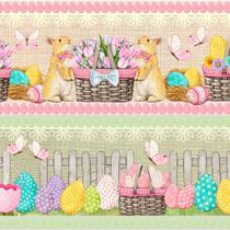 Tecido Tricoline Digital Barrado Páscoa Encantada (Coelho) - Peripan - 50 x 150 cm - Ideal para Artesanato e Patchwork