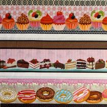 Tecido Tricoline Digital Barrados Bolo e Cupcakes 10 Faixas 0,55 cm x 1,50 mt