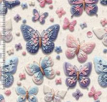Tecido Tricoline Digital Borboletas 3D Fundo Branco