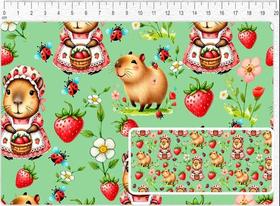 Tecido Tricoline Digital, Capivaras e Morangos, Verde com Flores, 50 x 150 cm, Fernando Maluhy
