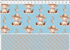 Tecido Tricoline Digital Country Infantil Vaquinha azul 50 x 150 cm