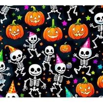 Tecido Tricoline Digital Fernando Maluhy Coleção Halloween Esqueleto e Abóbora Infantil 50 x 150 cm