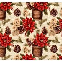 Tecido Tricoline Digital Fernando Maluhy, Coleção Vintage, Estampa Bico de Papagaio e Vasos, 50x150 cm, Vermelho e Bege