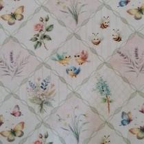 Tecido Tricoline Digital Fernando Maluhy com Estampa Floral, Borboletas, Pássaros e Abelhas 50x150 cm