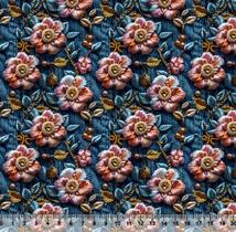 Tecido Tricoline Digital Flor Perolas Fundo Jeans - 95906 Tecido Tricoline Digital Flor Perolas Fundo Jeans - 95906