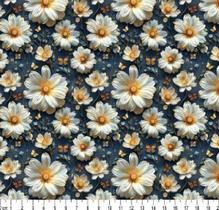 Tecido Tricoline Digital Floral 3D - Mini Borboletas e Margaridas - Tecidos Caldeira - Ideal para Artesanato e Patchwork - 50 x 150 cm