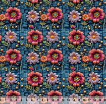 Tecido Tricoline Digital Flores Perola Fundo Jeans - 95905 Tecido Tricoline Digital Flores Perola Fundo Jeans - 95905