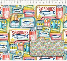 Tecido Tricoline Digital Latas de sardinhas sobrepostas 50 x 150 cm
