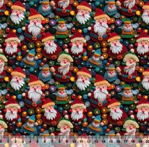 Tecido Tricoline Digital Papai Noel Azul/Vermelho/Verde 3D - 82176 - 1mt x 1,5mt