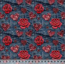 Tecido Tricoline Digital Rosas Fundo Jeans - 95897