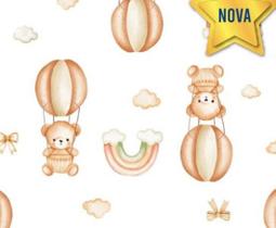 Tecido Tricoline Digital Ursinhos, Balões e Arco Íris fundo Off White - Ibirapuera - 50 x 150 cm - Ideal para Artesanato e Patchwork