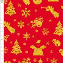 Tecido Tricoline Enfeites Natal Dourado Vermelho 1403264 Tecido Tricoline Enfeites Natal Dourado Vermelho 1403264
