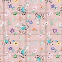 Tecido Tricoline Estampa Digital Floral com Coelhinhos e Bicicleta para Páscoa - Peripan - 50 x 150 cm