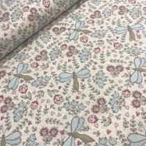 Tecido Tricoline Estampado 100% Algodão Fuxicos e Fricotes Coleção Libélulas no Jardim Fundo Bege 0,50 x 1,50 Metros
