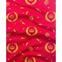 Tecido Tricoline Estampado Coroa Vermelho e Dourado - 1,50m de Largura