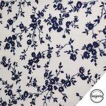 Tecido Tricoline Estampado Floral com Fundo Bege - Azul Marinho - 50x150cm