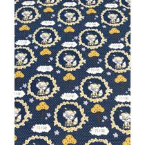 Tecido Tricoline Estampado Gatinha Fundo Marinho - 1,50m de Largura