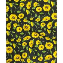 Tecido Tricoline Estampado Girassol Fundo Preto - 1,50m de Largura