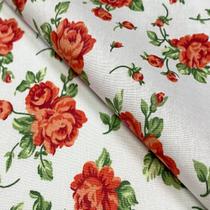 Tecido Tricoline Estampado Rosas Vermelho Fundo Branco - 1,50m de Largura Tecido Tricoline Estampado Rosas Vermelho Fundo Branco - 1,50m de Largura
