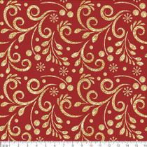 Tecido Tricoline Folhas Douradas Fundo Vermelho para Artesanato - Peripan - 50 x 150 cm