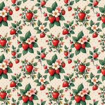 Tecido Tricoline Morangos e Flores - Coleção Handmade - Peripan - 50 cm x 150 cm para Artesanato e Patchwork