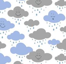 Tecido Tricoline Nuvens Chuva de Amor Azul e Cinza - 50 x 150 cm