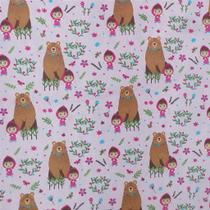 Tecido Tricoline Rosa, Menina, Urso na Floresta 50cm x 1,40m