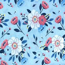 Tecido Tricoline Rotativo Floral Maior Azul Claro Coleção Floral Fancy