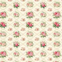 Tecido Tricoline Xícaras e Flores - Coleção Handmade - Peripan - 50 x 150 cm - Ideal para Artesanato e Patchwork