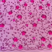 Tecido Tule Bordado Floral 3D 100% Poliester Pink