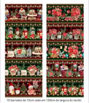 Tecidos barrados tricolines digitais natalinos ( a faixa de 50 cm x 1,50 mt largura vem com 10 barrados de 15 cm) decoração, pano de prato barrados, p - ALGODÃO NATAL