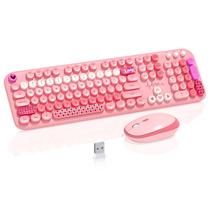 Teclado e mouse sem fio Victkeyory 104 teclas rosa retrô Teclado e mouse sem fio Victkeyory 104 teclas rosa retrô