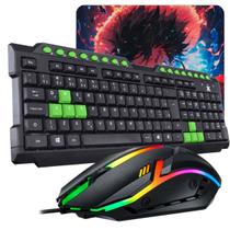 Teclado Gamer com Teclas Verdes ABNT2 + Mouse LED 2400DPI + Mouse Pad Estampado Speed