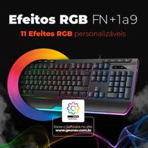 Teclado Gamer Membrana 107 Teclas ABNT2 9 Teclas Multimídia 26 Teclas Anti-ghosting Iluminação Led RGB Até 11 efeitos USB Cabo 1,8m Cor Preta