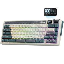 Teclado mecânico sem fio RK ROYAL KLUDGE M70 com teclas macro de 2,4 GHz/Bluetooth/75% com fio Teclado para jogos com bateria de 6000 mAh, tela embutida na junta e botão RGB, macio, tátil, bege, substituível a quente