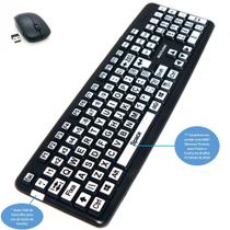 Teclado Mouse sem Fio Ampliado Adaptado Braille Alto Contraste com Teclas Brancas Letras Pretas - InclusivaDigital