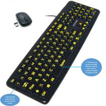 Teclado Mouse sem Fio Ampliado Adaptado Braille Alto Contraste com Teclas Pretas Letras Amarelas