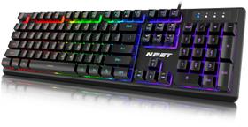 Teclado para jogos NPET K10 LED retroiluminado preto resistente a derramamentos